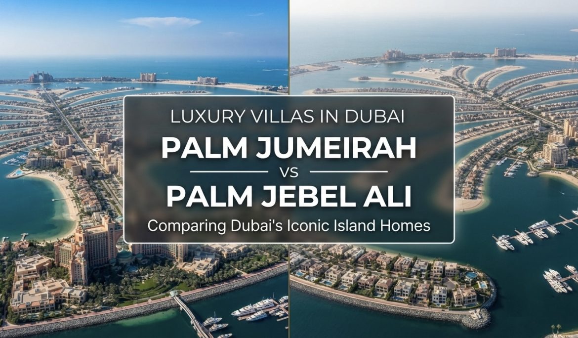 Palm Jumeirah and Palm Jebel Ali aerial view showcasing luxury beachfront villas and private beaches in Dubai.