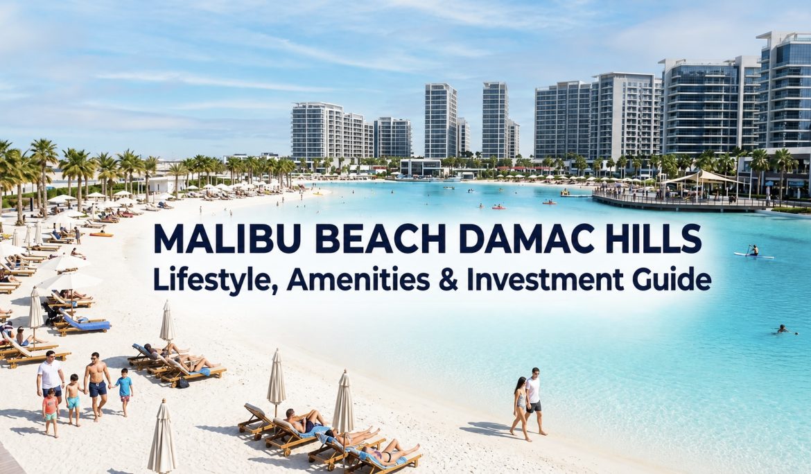 Malibu Beach at DAMAC Hills featuring a white sandy beach and wave pool in Dubai