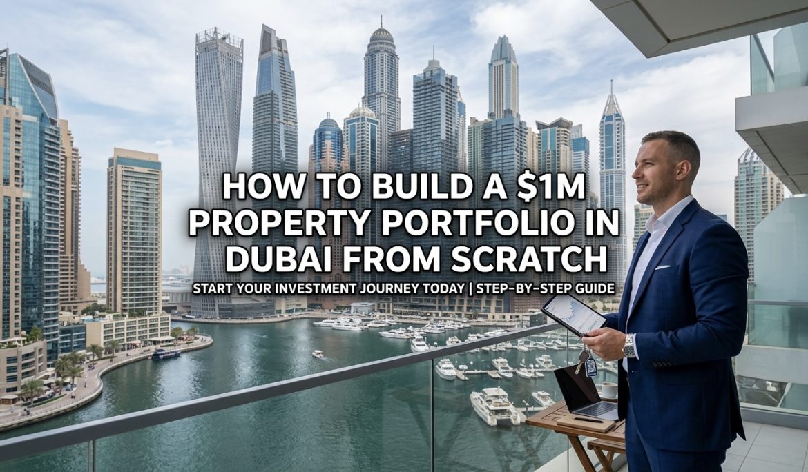 Investor building a $1M property portfolio in Dubai with luxury apartments, villas, and skyline showcasing real estate investment opportunities.