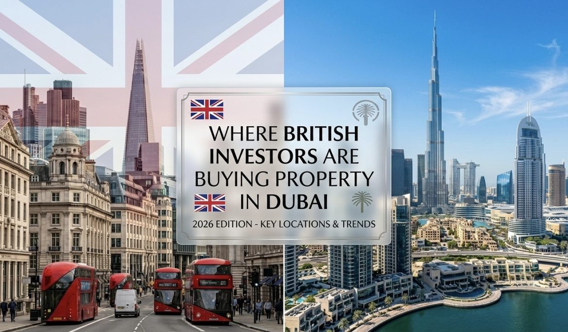 British investors buying luxury property in Dubai overlooking Dubai Marina skyline